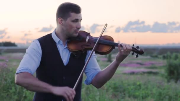 Jonge man violist in het veld bij zonsondergang spelen van de viool — Stockvideo