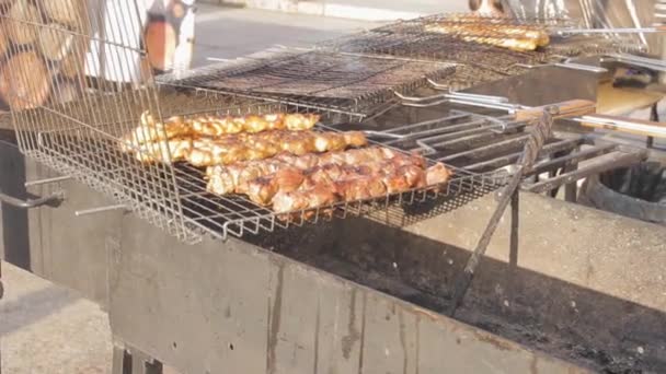 Grillad Grill Kebab Street Food Festival Kött Utanför Träkol Värme — Stockvideo
