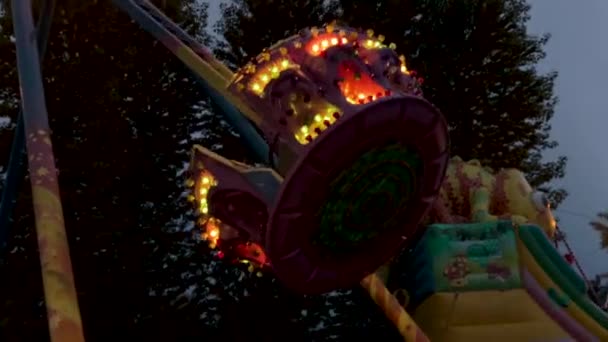 Swings Amusement Park Ride Glowing Illuminated Night Shooting Fly — Stock Video