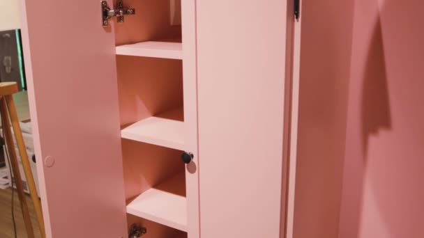 Children Furniture Closet Shelves Drawers Storage Interior Pink Box Kids — Stock Video