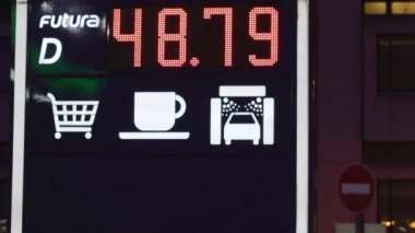 Benzin istasyonu fiyatları, araba yıkama, kafe, dükkan tabelaları. Ulaşım enerjisi işi.
