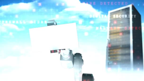 デジタル インターフェイスの背景にサーバーの近くのネットワークのアイコンを持つカードを保持している白いロボット アームのデジタル生成ビデオ — ストック動画