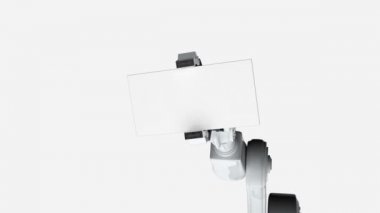 Dijital olarak oluşturulan video kartı ağ simgesi olan beyaz arka planı holding beyaz robot kol