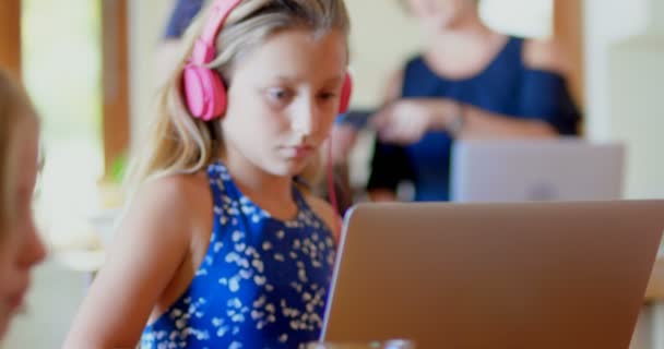 Rozkošný Dívka Pomocí Přenosného Počítače Domácí — Stock video