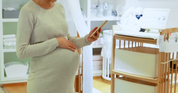 Leende Gravid Kvinna Använda Mobiltelefon Hem — Stockvideo