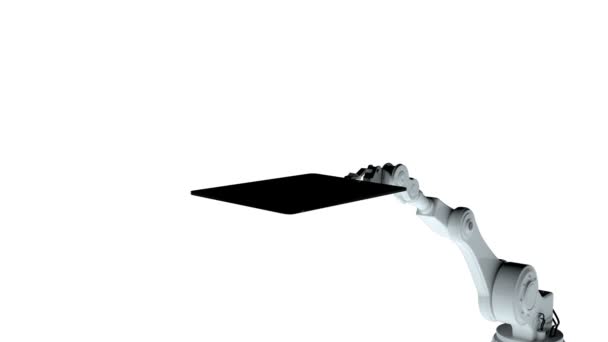 Cyfrowo Wygenerowany Film Biały Robotyczne Ramię Trzymając Cyfrowego Tabletu Chmury — Wideo stockowe