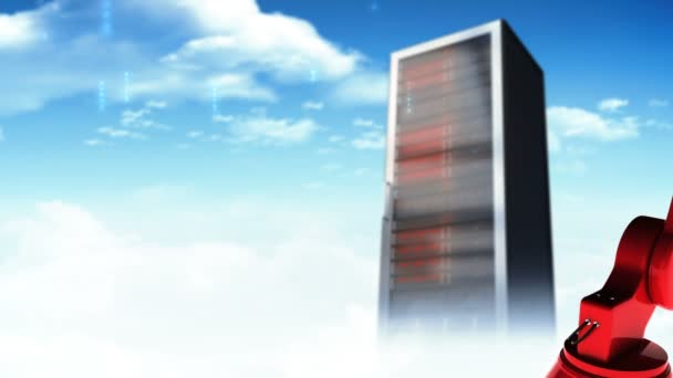空と雲の背景に近くサーバー マシンの図とカードを持っている赤いロボット アームのデジタル生成ビデオ — ストック動画