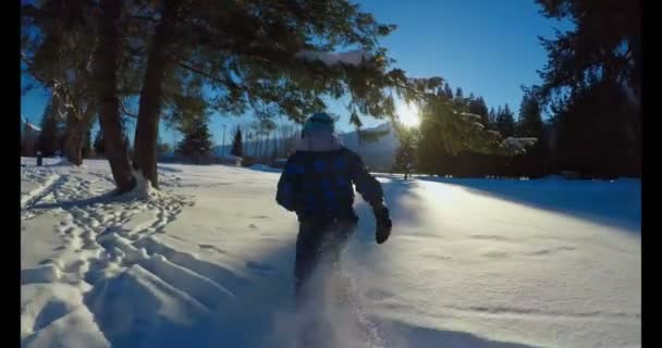 Kind Spelen Sneeuw Winter Een Zonnige Dag — Stockvideo