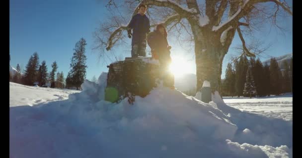 孩子们在冬天在雪中玩耍 阳光明媚的一天4K — 图库视频影像
