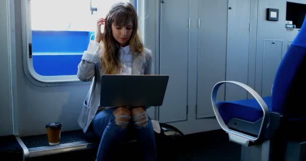 Mooie Vrouw Met Laptop Onderweg Veerboot — Stockvideo