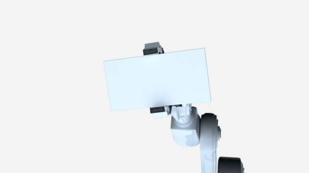 Digitally Generated Video Robotic Arm Holding Card Diagram Machine White — Stock Video