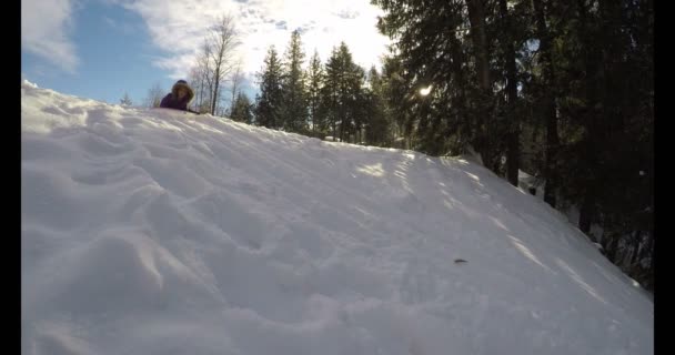 Menina Jogando Neve Durante Inverno Dia Ensolarado — Vídeo de Stock