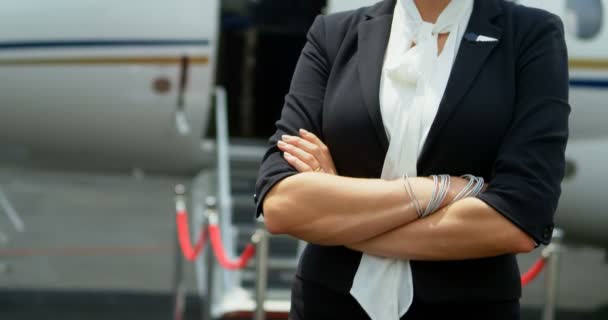 Portret Stewardesa Stojąc Rękami Skrzyżowanymi Drodze Startowej — Wideo stockowe