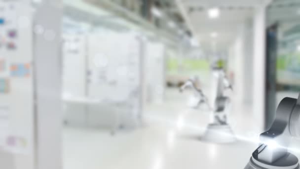 Digital Generiertes Video Der Roboterarm Haltekarte Mit Maschinendiagramm Vor Bürohintergrund — Stockvideo