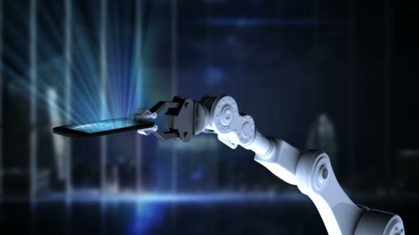 Digital Generiertes Video Einer Roboterhand Die Ein Beleuchtetes Mobiltelefon Mit — Stockvideo