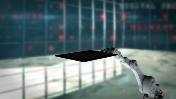 デジタル式の背景医療アイコン デジタル タブレットを保持している白いロボット アームのデジタル生成ビデオ — ストック動画