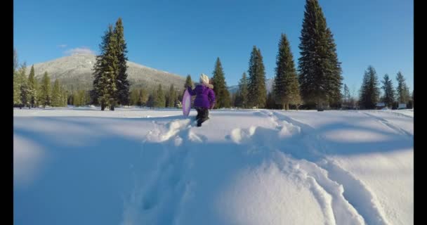 Kluk Hraje Sněhu Zimním Období Slunečného Dne — Stock video
