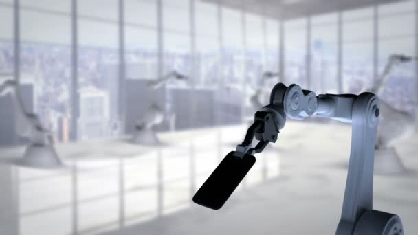 Digitalt Genererade Video Robotic Hand Presentera Belysta Mobiltelefon Med Redskap — Stockvideo