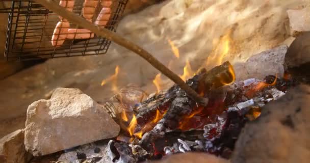 Close Cachorro Quente Sendo Preparado Fogueira — Vídeo de Stock