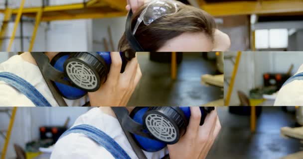 车间的年轻女焊工戴防毒面具 — 图库视频影像