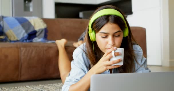 Vrouw Met Laptop Terwijl Het Hebben Van Thee Woonkamer — Stockvideo