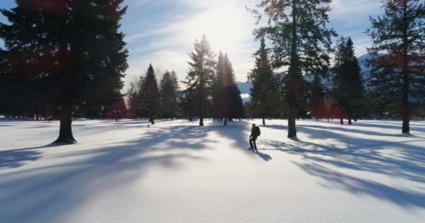 雪の風景 の上を歩くハイカーのドローン ショット — ストック動画