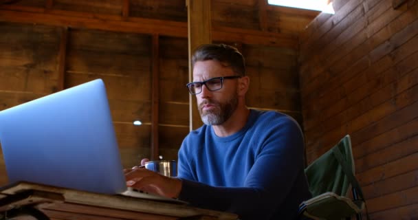 Maturo Uomo Avendo Caffè Mentre Utilizzando Laptop Mentre Casa — Video Stock