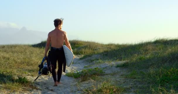 Hombre Surfista Caminando Con Tabla Surf Playa Día Soleado — Vídeos de Stock