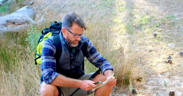 Mannelijke Wandelaar Kaart Richting Apparatuur Houden Het Bos Een Zonnige — Stockvideo