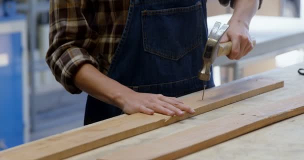 Kadın Kaynakçı Bir Tahta Çivi Çekiç Bölümünü Orta Plank — Stok video
