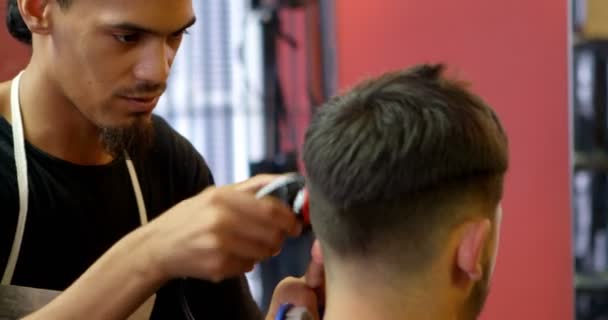 Mann Lässt Sich Vom Friseur Friseursalon Die Haare Schneiden — Stockvideo