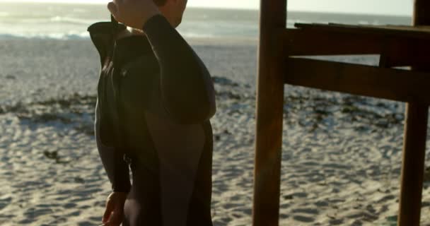 Male Surfer Wearing Wetsuit Beach Sunny Day — Stock Video