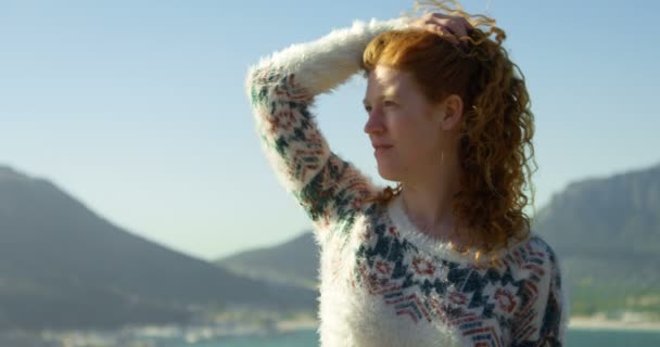 Young Woman Standing Hand Hair Countryside — Stock Video