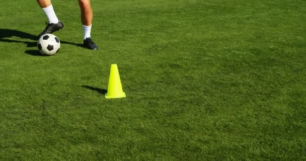 Παίκτης Ποδοσφαίρου Εξάσκηση Στο Πεδίο Μια Ηλιόλουστη Ημέρα — Αρχείο Βίντεο