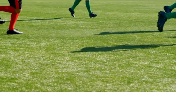 在阳光明媚的日子里 球员们在田野里踢足球4K — 图库视频影像
