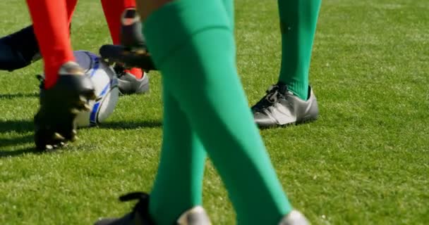 Jugadores Jugando Fútbol Campo Día Soleado — Vídeos de Stock