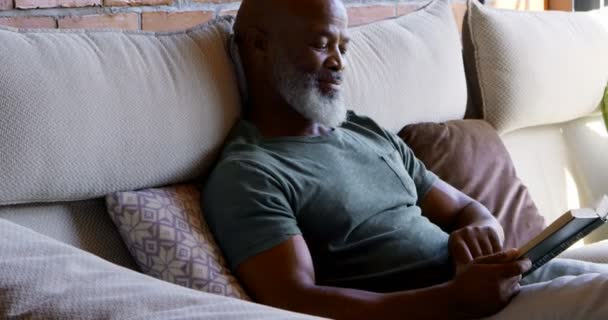年配の男性がホームの で居間で本を読んで — ストック動画
