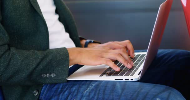 Seção Média Viajante Masculino Usando Laptop Enquanto Viaja Ônibus — Vídeo de Stock