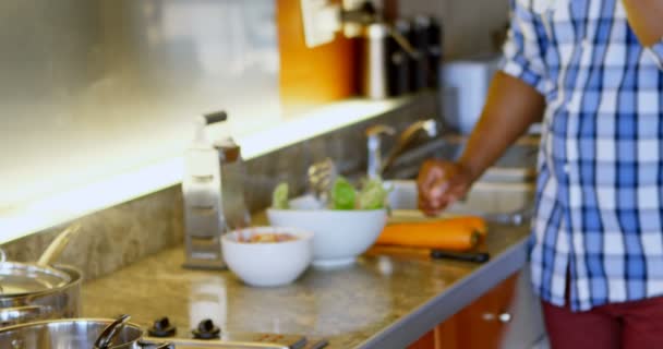 Hombre Mayor Preparando Verduras Cocina Casa — Vídeos de Stock