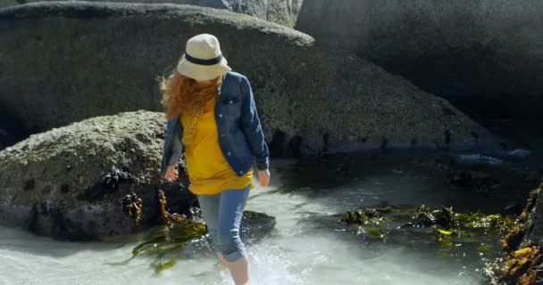 Mujer Joven Caminando Sobre Agua Playa — Vídeos de Stock