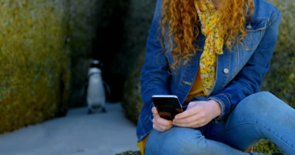 Νεαρή Γυναίκα Χρησιμοποιώντας Κινητό Τηλέφωνο Στην Παραλία — Αρχείο Βίντεο