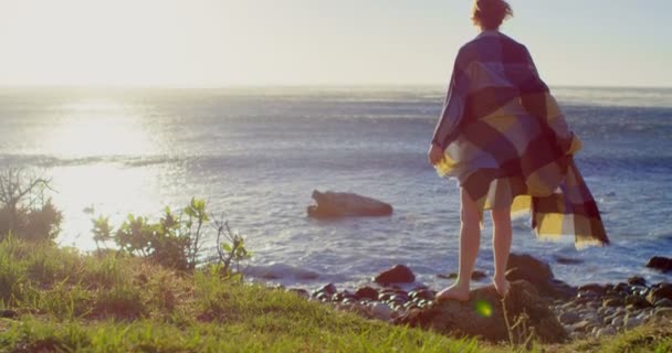 Vista Trasera Mujer Pie Cerca Playa Día Soleado — Vídeos de Stock