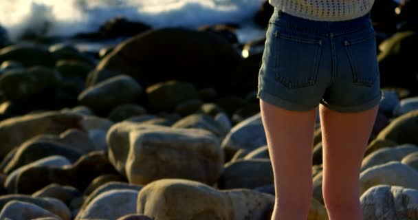 Bakifrån Kvinna Som Står Med Händerna Hår Nära Seaside — Stockvideo