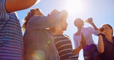 Güneşli bir günde 4 k sahilde bira şişe kızartma arkadaş grubu