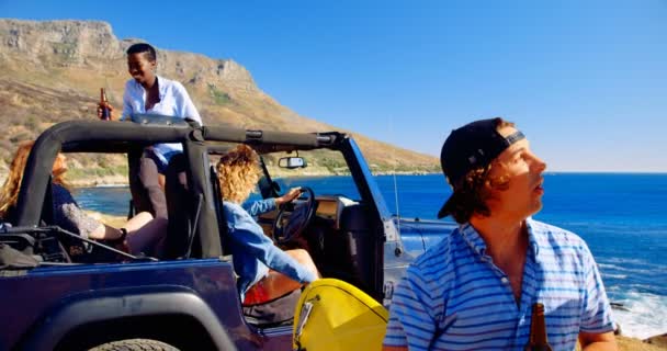 Amigos Varones Interactuando Entre Playa Día Soleado — Vídeos de Stock