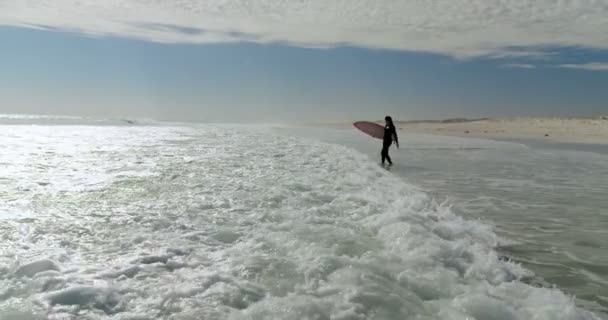 Kvinna Med Surfbräda Promenader Vid Havet Beach — Stockvideo