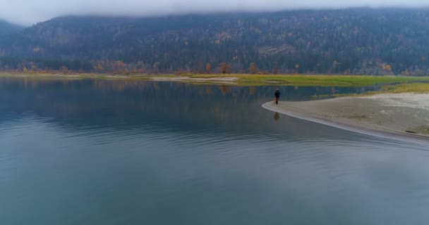 Hombre Caminando Con Perro Cerca Del Lago Campo — Vídeos de Stock