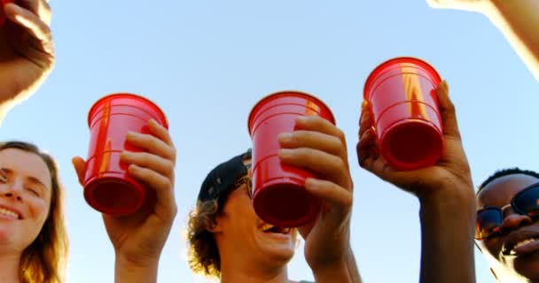 Grupo Amigos Brindando Vasos Cerveza Playa Atardecer — Vídeos de Stock