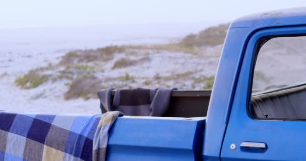 Gelukkige Paar Plezier Buurt Van Auto Het Strand — Stockvideo