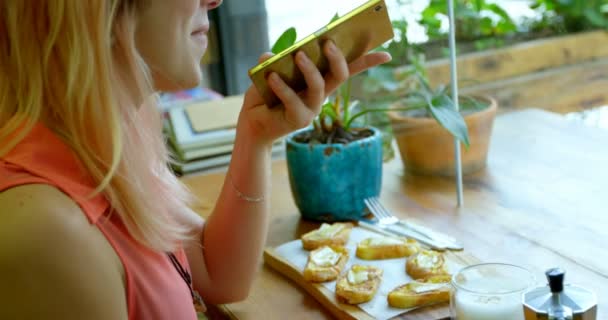 Hermosa Mujer Joven Hablando Por Teléfono Mientras Está Sentada Cafetería — Vídeo de stock